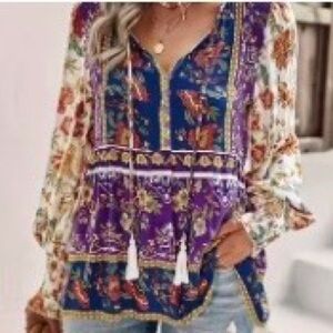 Cotton Bohemian Floral Patchwork Peasant Top - Purple & Navy